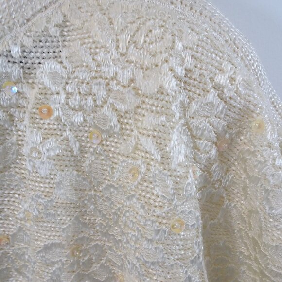 PIERRE CARDIN Ivory Cream Short Sleeve Sweater Lace Detail Sequin Size M Vintage - Picture 3 of 9